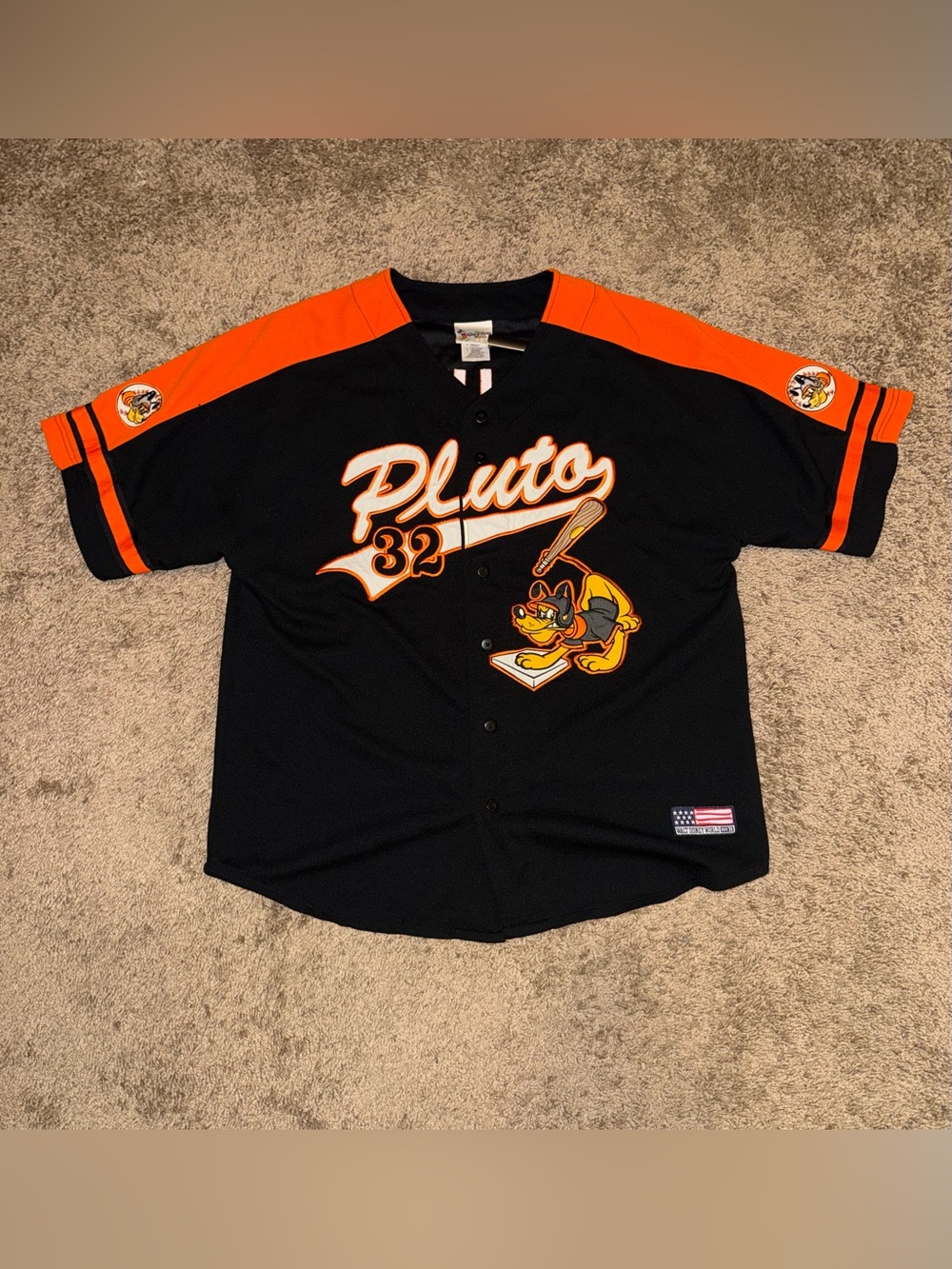 Vintage Walt Disney World Pluto Baseball Jersey Large Black Orange Button Up #32